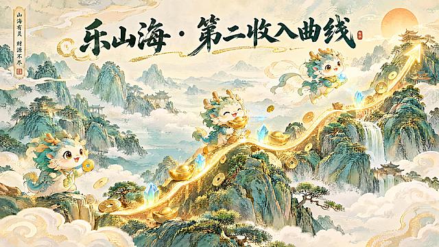 生成一张国风插画风格的「乐山海第二收入曲线」主题图，横版16:9比例。
画面以山海经国画风为基调：一条金色的上升曲线从画面左下向右上延伸，如同山脉山脊般蜿蜒上升，形成优美的增长曲线。曲线上点缀着古钱币、金元宝、发光的灵石等财富元素。
曲线旁有可爱的Q版山海经小龙神兽（乐山海IP形象），或站或飞在曲线的上升节点上，活泼灵动，寓意助力收入增长。
背景是淡雅的青绿山水云海，远山如黛，祥云缭绕，整体色调暖金与青绿搭配，温馨治愈又富有财富增长的寓意。
画面上方有书法字体标题「乐山海 · 第二收入曲线」，整体风格精致国风，高级有质感。