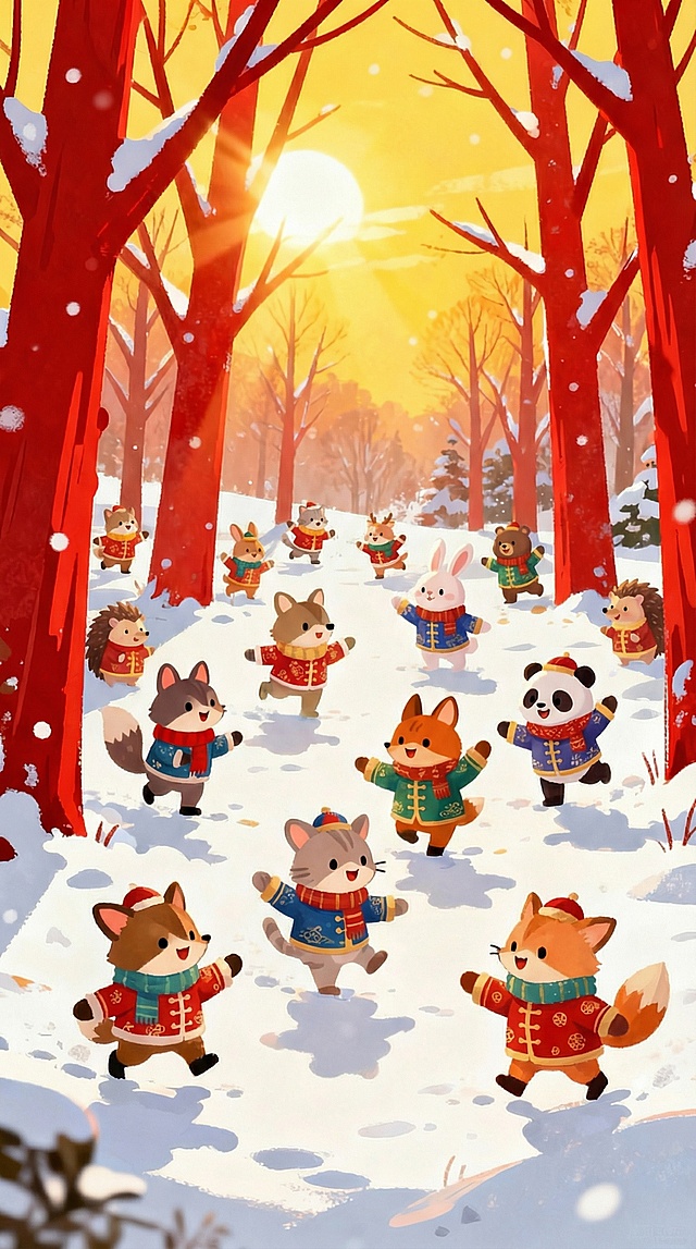 水彩风格插画，拟人化小动物穿唐装欢庆春节，雪林暖阳映衬喜庆可爱氛围。