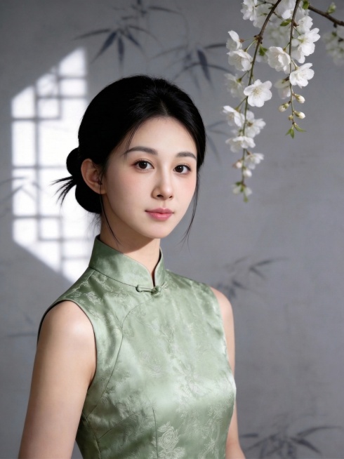 去掉图片前景挡住旗袍的花枝和花朵，保持原图整体风格、光影和人物不变，背景保持灰色竹影墙面不变预览效果