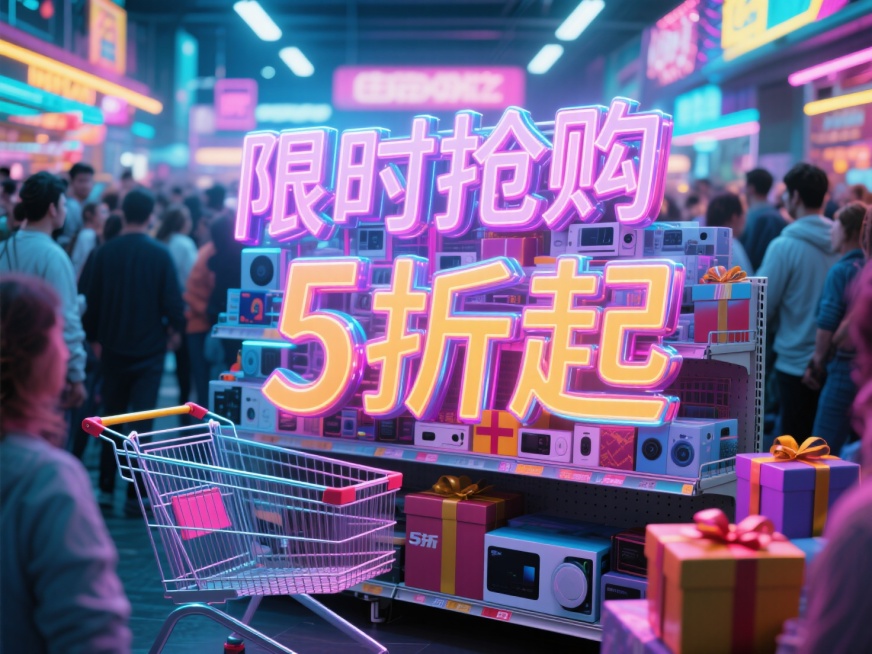 电商促销主题大卖场，霓虹灯装饰的"限时抢购"和"5折起"立体发光字，堆满电子产品和礼盒的货架，炫彩灯光照射的购物车，超广角镜头展现人潮涌动场景，高饱和度色彩搭配，赛博朋克风格，金属质感，动态模糊处理的预览效果