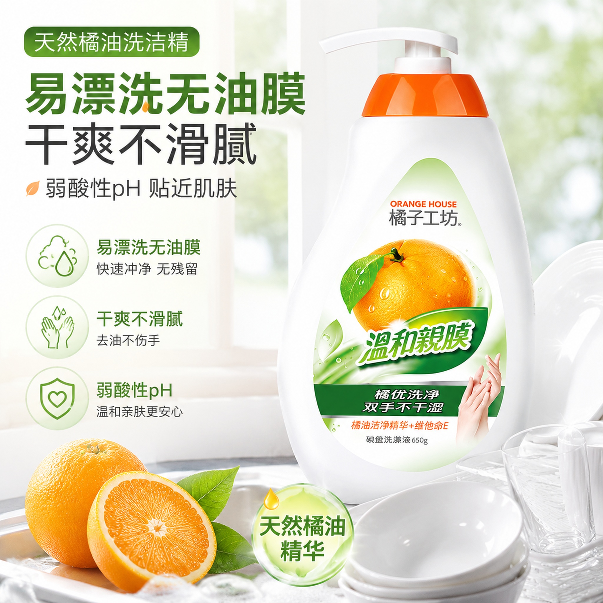 「图片1」淘宝/天猫 商品是天然橘油洗洁精，卖点是A类食品级认… - 图片创意预览