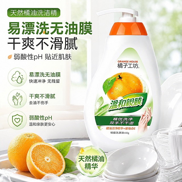 「图片1」淘宝/天猫
商品是天然橘油洗洁精，卖点是A类食品级认证（国标最高）；100%天然冷压橘油（巴西/加州进口）；ISO22000食品安全认证；无香精、无色素、无荧光剂 、无有害表活；漂洗无残留 | 入口安心，冷水3秒乳化、1秒去油；橘油+椰子油双重洁净因子；高浓缩配方 | 一瓶洗5190个盘子；易漂洗 | 无油膜 | 干爽不滑腻，弱酸性pH（贴近肌肤）；维他命E+甘油（保湿锁水）；裸洗无忧 | 不紧绷不粗糙；敏感肌 | 孕妇 | 母婴适用先做5张1:1主图，再做8张9:16详情页