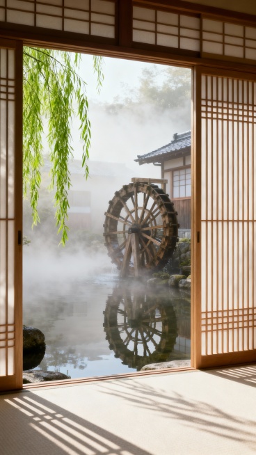 室内透过木质格栅推拉门望向庭院的景象，柔和的晨光透过格栅在浅色地面投下细长阴影，左侧垂落着嫩绿的柳枝，庭院中薄雾弥漫，可见木质水车和传统日式建筑倒映在平静水面上，整体呈现宁静、雅致的东方禅意氛围，光影柔和，色调以米白、浅木色和淡绿色为主，写实风格，细节清晰，营造出静谧悠远的意境。预览效果