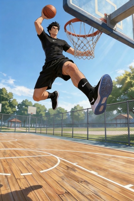 修复图像中的白色遮挡区域，补全缺失的人物身体和腿部画面结构，自然衔接断层过渡，保持整体动漫风格和户外篮球场场景一致，光影协调预览效果