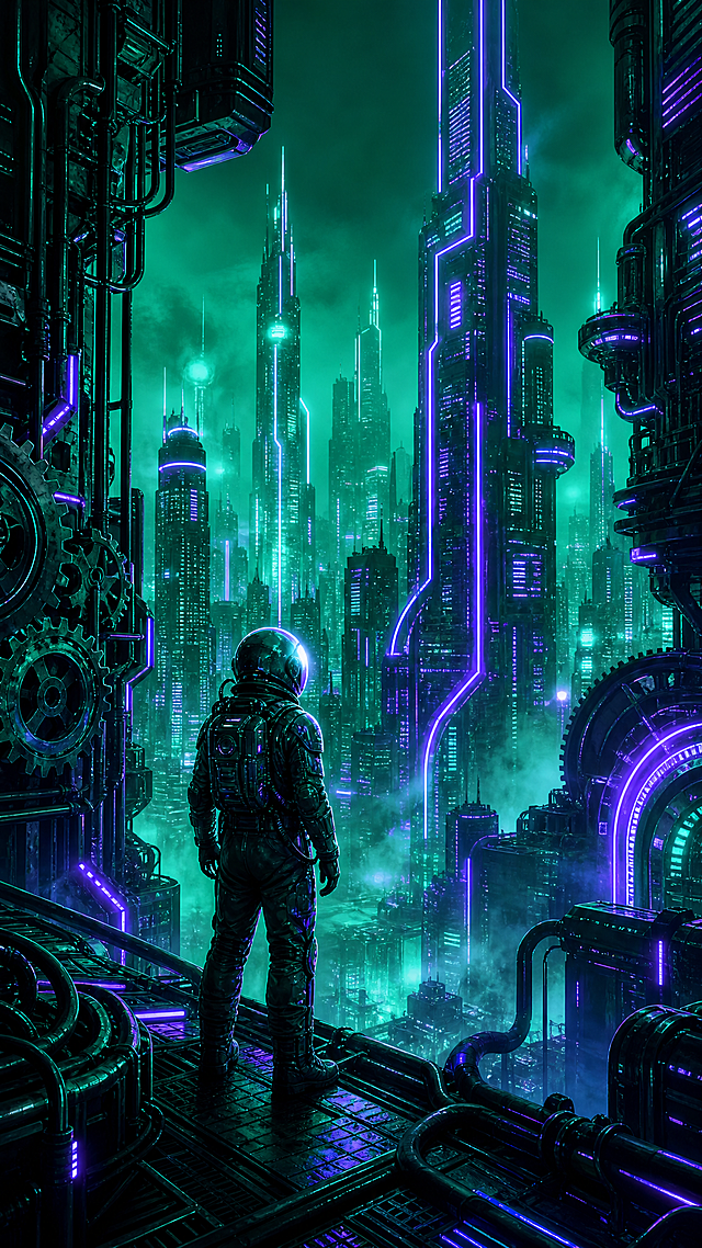 赛博朋克风格竖版封面，翠绿色整体背景，紫蓝色霓虹灯管勾勒未来赛博城市夜景，融入金属机械零件科幻元素，画面中包含简约太空人形象，整体不带有任何文字字体，9:16比例，充满未来科技感