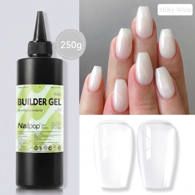 用图1的黑色瓶装BUILD GEL Nailpop商品替换掉图2左侧的商品，保持图2整体布局、右侧美甲示例不变，匹配图2正确的光影和透视关系，进行商业级精修，强化光影立体感和材质明暗关系，画质清晰精致预览效果