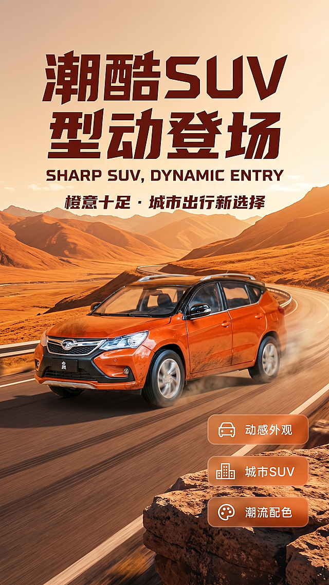 字体酷炫一点，不要粗体，要有凌厉线条一些，同时添加一些英文字母做补充，背景要同色系风景图的背景，比如高山高原，然后车占主体行驶在路上