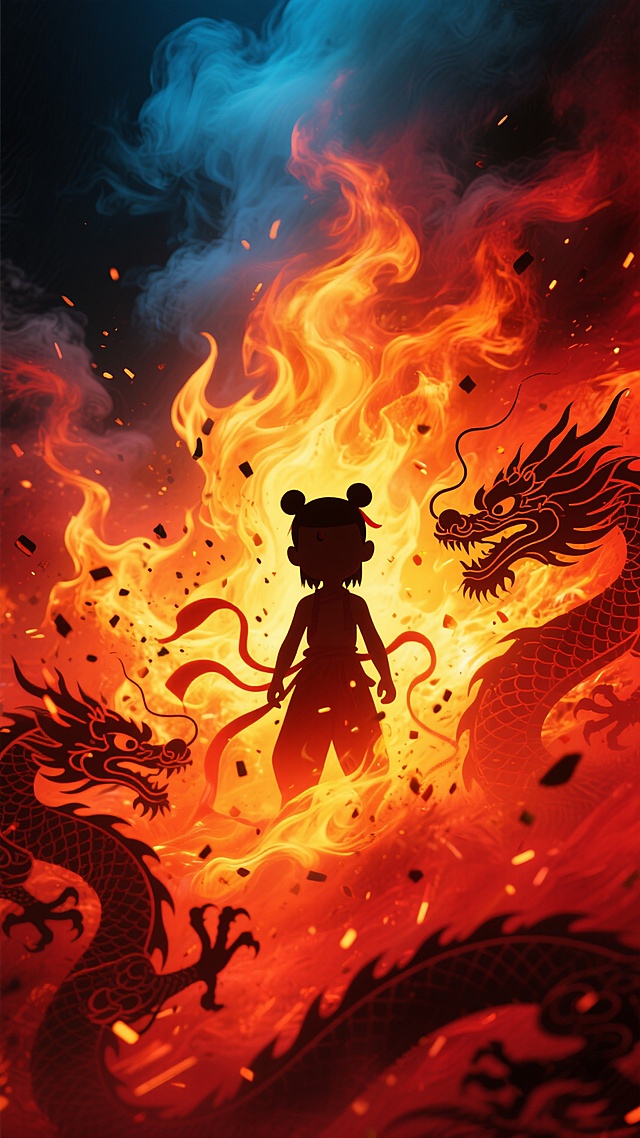 火焰与烟雾交织的抽象背景，以炽热的红色和明亮的橙色为主色调，中心区域呈现耀眼的黄色光芒，带有飞溅的火星和黑色的细小颗粒，整体呈现出强烈的动感和爆发力，画面上方融入深邃的蓝色和黑色渐变，营造出神秘而壮阔的氛围，在火焰中央区域以剪影形式呈现哪吒的形象，其标志性的丸子头和混天绫轮廓清晰可见，周围环绕着传统龙纹的剪影元素，龙纹线条流畅，与火焰的动态感相呼应，整体构图保持原有的视觉冲击力和色彩和谐度，充满力量感与视觉张力。