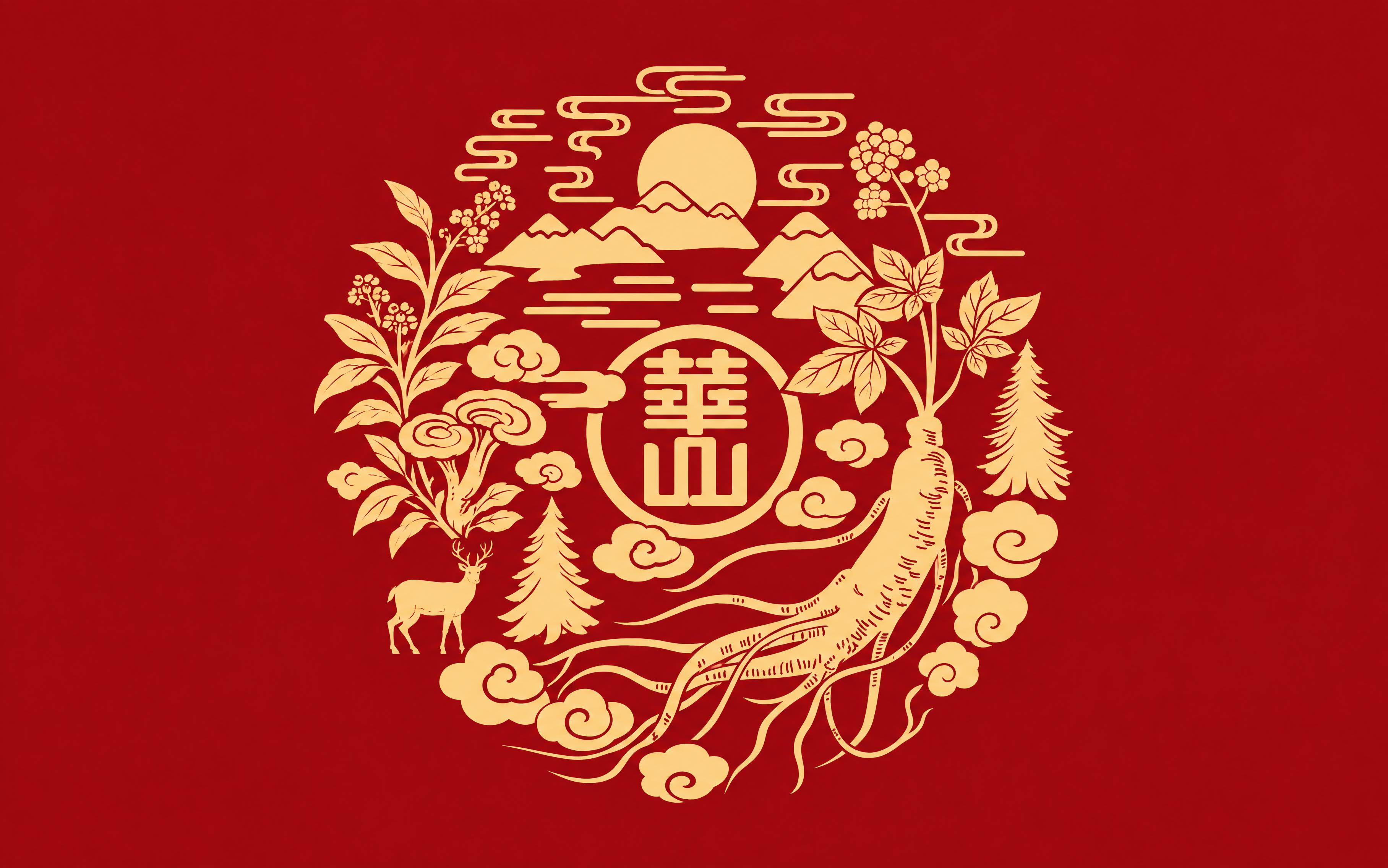 参考图的中国风剪纸风格、红底金色配色、圆形构图、祥云、山水、太… - 图片创意预览