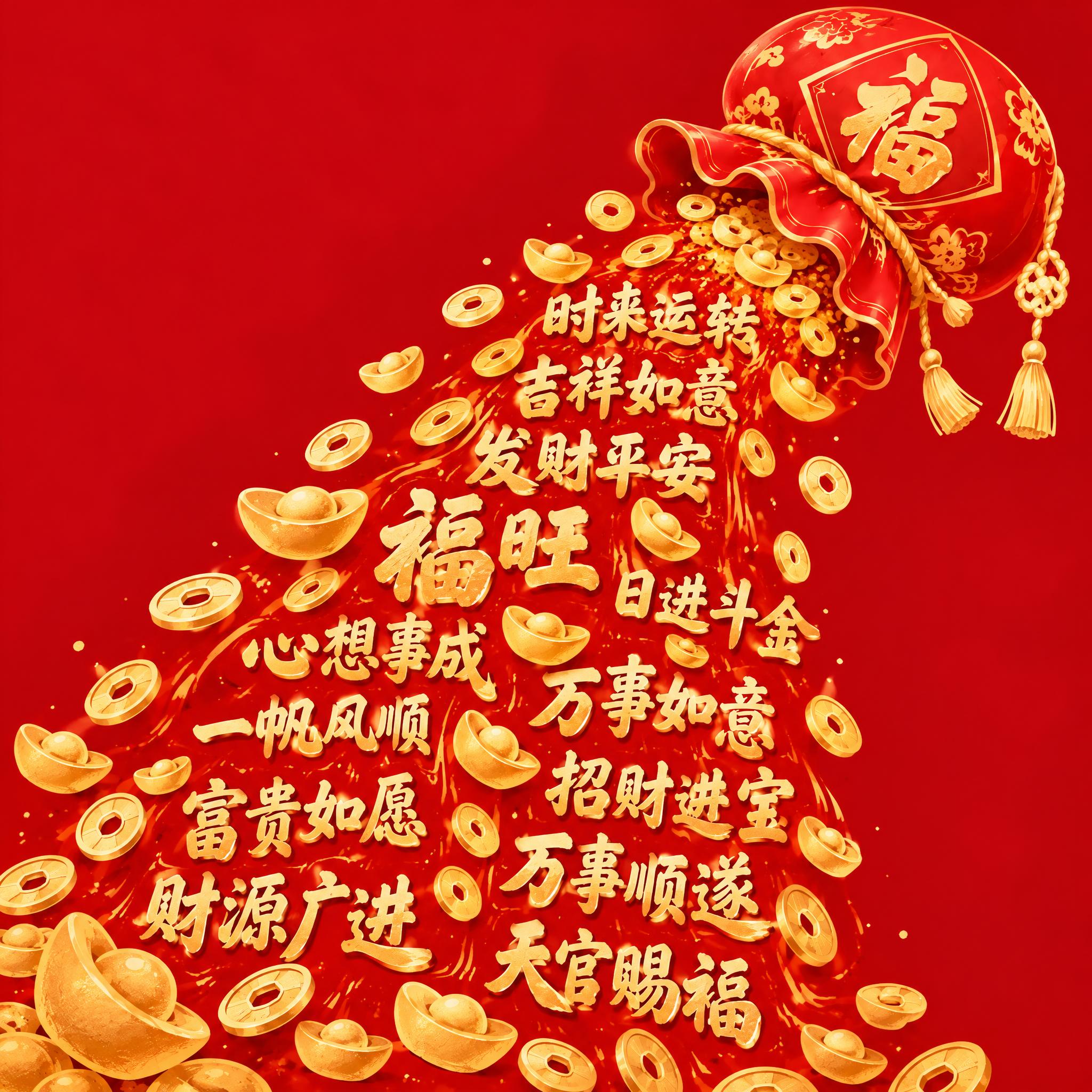 福袋开口朝向左下方，吉祥祝福语文字和金元宝、铜钱从右上角福袋中… - 图片创意预览