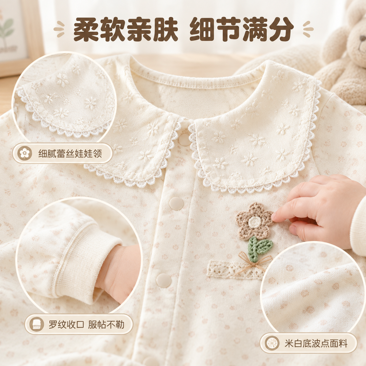 [主图-3] 材质细节特写页：微距展示蕾丝娃娃领、刺绣小花、罗… - 图片创意预览