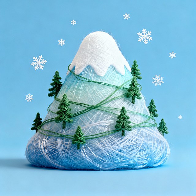 一座雪山，山上有树木，周围漂浮着雪花，纯蓝色背景