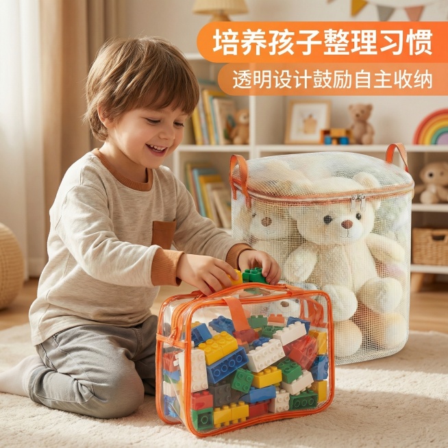 1:1竖版高清电商主图，严格还原透明PVC袋和网布桶的设计细节，保持颜色、尺寸、材质与参考图完全一致；画面展示一个孩子（5-7岁，穿着休闲童装）微笑着将积木放入透明PVC袋，突出儿童友好的设计；主标题预览效果