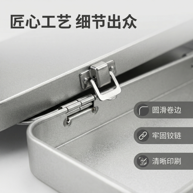 4. **[主图 4：产品细节工艺特写]**：
[主图主题] 马口铁铅笔盒细节工艺展示
[氛围/风格] 干净明亮，微距特写，突出质感
[画面元素] 微距特写展示马口铁铅笔盒的锁扣和卷边工艺，明亮顶侧光预览效果