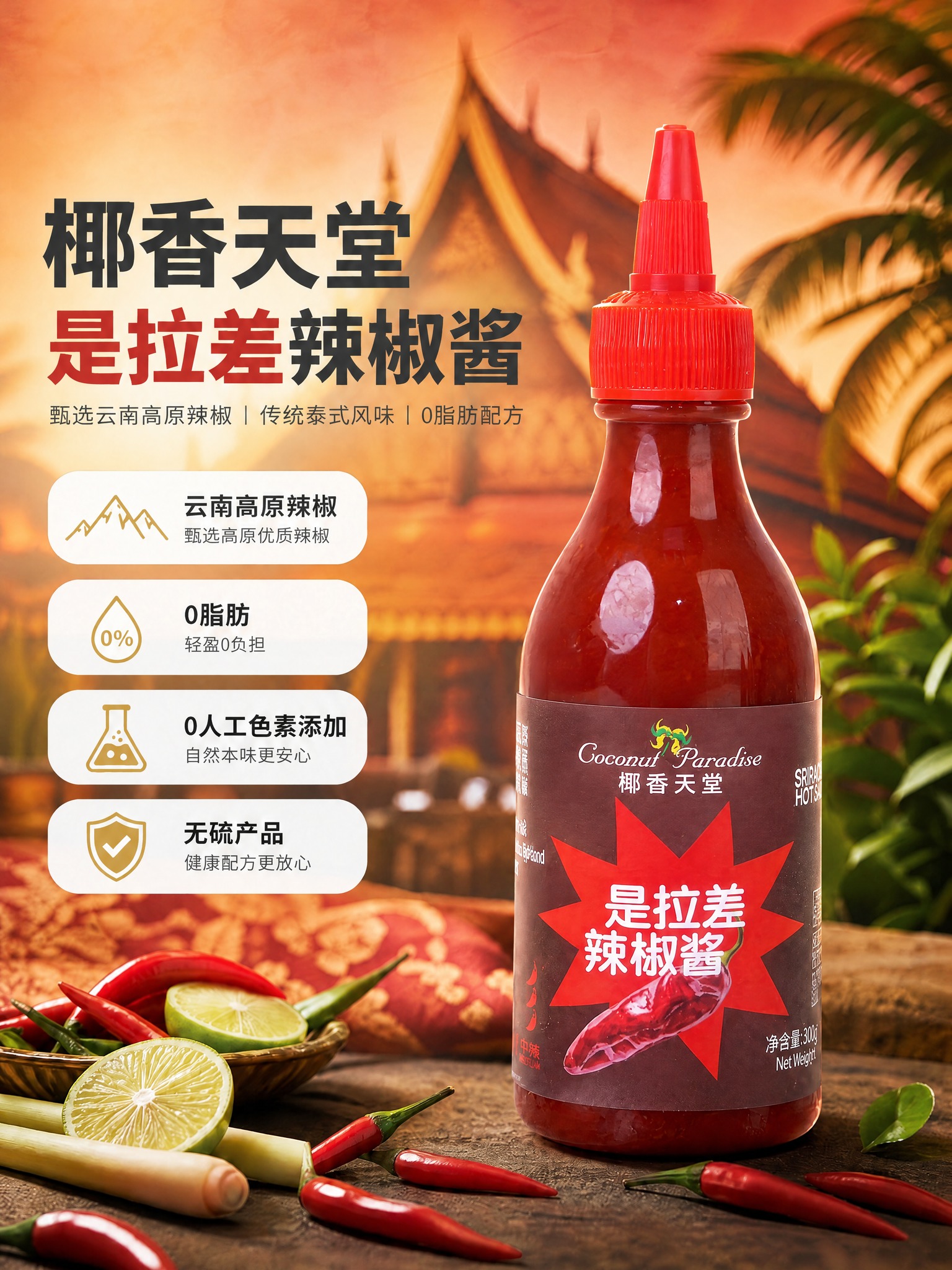 将图中的辣椒酱瓶身主体替换为参考图中的椰香天堂是拉差辣椒酱瓶身… - 图片创意预览