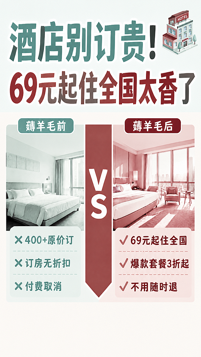 小红书笔记大字封面，纯大字，冰薄荷vs酒莓撞色风格，版式精美，小红书笔记封面质感，适合信息流点击。基于参考图修改：1）所有文字字体改为青年体（年轻活泼手写感粗体）；2）整体配色改为冰薄荷（浅薄荷绿/青绿色）与酒莓（深酒红/莓果红）撞色体系，替换原黄灰配色；3）删除底部额外加字区域（「热门城市全覆盖」「海量酒店随心选」「官方授权更放心」「真实评价可参考」「领券下单更划算」「24小时客服在线」及对应绿色对勾、右下角表情全部消除），底部只保留干净留白，不再添加任何文字；4）保留原有文字内容逐字不变：顶部两行主标题「酒店别订贵！」「69元起住全国太香了」，中部左侧「薅羊毛前」下三条「×400+原价订」「×订房无折扣」「×付费取消」，中部右侧「薅羊毛后」下三条「√69元起住全国」「√爆款套餐3折起」「√不用随时退」，中间「VS」分隔，右上角酒店小图标保留但配色融入冰薄荷酒莓体系；5）整体版式骨架、分区比例与参考图一致，仅替换字体、配色和删除底部加字区域。所有文字清晰可读，不得增删改字。画质：高清细腻，信息层级清晰，文字完整处于安全区内不可裁切，四周留安全边距。画面比例9:16，4K。