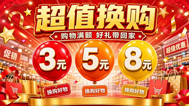 设计一张超市促销海报，16:9横版比例，主题是"超值换购"。整体风格喜庆热闹，红金配色为主，超市促销氛围。画面中央是三个大号彩色气球，从左到右依次为红色气球、橙色气球、黄色气球，气球表面分别印着大字价格"3元""5元""8元"，气球下方分别挂着小标签写着换购好物。主标题"超值换购"用超大粗体字居中放在上方，金色立体字配红色描边，副标题"购物满额 好礼带回家"。背景有促销彩带、星星、光斑、购物袋等元素点缀，底部加一条金色横幅。画面中必须完整呈现以下文字信息："超值换购"、"3元"、"5元"、"8元"、"购物满额 好礼带回家"。所有数字必须精确渲染，不得错位、遗漏或编造。排版精美，文字清晰醒目，适合超市门口或店内悬挂展示。