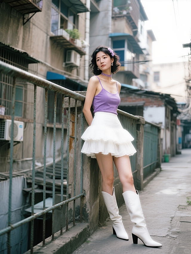 2001年的老式居民楼楼道，女人（穿复古紫色吊带搭配白色蛋糕裙、尖头长靴，千禧年发型和配饰）靠着楼道围栏，围栏后是老巷子。看镜头。
