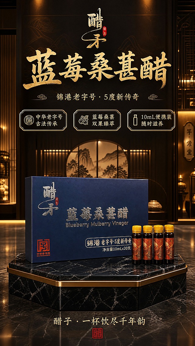 高端新中式展厅场景海报，画面中央陈列着醋子蓝莓桑葚醋产品——一盒完整的深蓝色礼盒装与几支口服液小瓶，产品100%还原上传商品图的外形、包装、LOGO、印刷文字、颜色与正面朝向，完整保留「醋子」「蓝莓桑葚醋」「Blueberry Mulberry Vinegar」「锦港老字号·5度新传奇」「净含量10mLx20支」「中华老字号」红色印章等所有包装文字细节，深蓝色礼盒的烫银/烫金质感、口服液瓶的黄色瓶盖与红色国风标签均清晰可见。注意：画面中只出现一盒完整的深蓝礼盒（正面完整展示）和3-5支口服液小瓶陈列在礼盒前方，产品组合干净整洁，没有多余的半个盒子，产品质感精致贵气。

场景设定在高端中式品牌展厅内：背景是深木色展墙与暖金色射灯，展墙有隐约的山水纹样暗纹与中式格栅装饰，地面为深色大理石，产品陈列在黑色大理石展台上，展台边缘有金色金属包边。展厅空间纵深开阔，背景虚化呈现中式屏风与陈列柜的轮廓，营造博物馆级展陈氛围。

光影：顶部多盏暖金色聚光灯打在产品上，形成柔和的高光与精致阴影，深蓝礼盒表面有温润的金属光泽反射，口服液瓶身通透有质感，整体光线温暖典雅，突出高端贵气的质感。

配色：主色调为深藏蓝 + 暖金色 + 深木棕，点缀朱红色印章元素与深紫色果色调，整体色调沉稳华贵，新中式轻奢风格。

版式：竖版海报，产品位于画面中下部，占据画面核心视觉。画面上方为标题区，主标题大字「蓝莓桑葚醋」采用金色书法字体，副标题「锦港老字号 · 5度新传奇」位于主标题下方，字体稍小。画面左右两侧分布三个卖点标签，金色描边圆角矩形，内文分别为「中华老字号 古法传承」「蓝莓桑葚 双果臻萃」「10mL便携装 随时滋养」。画面底部有装饰语「醋子 · 一杯饮尽千年韵」，搭配红色印章元素。所有文字清晰可读，排版精美，四周留有安全边距。

整体风格：写实商业摄影质感，高端贵气，新中式轻奢，展厅陈列氛围，超高清画质，材质细节丰富，版式精美。