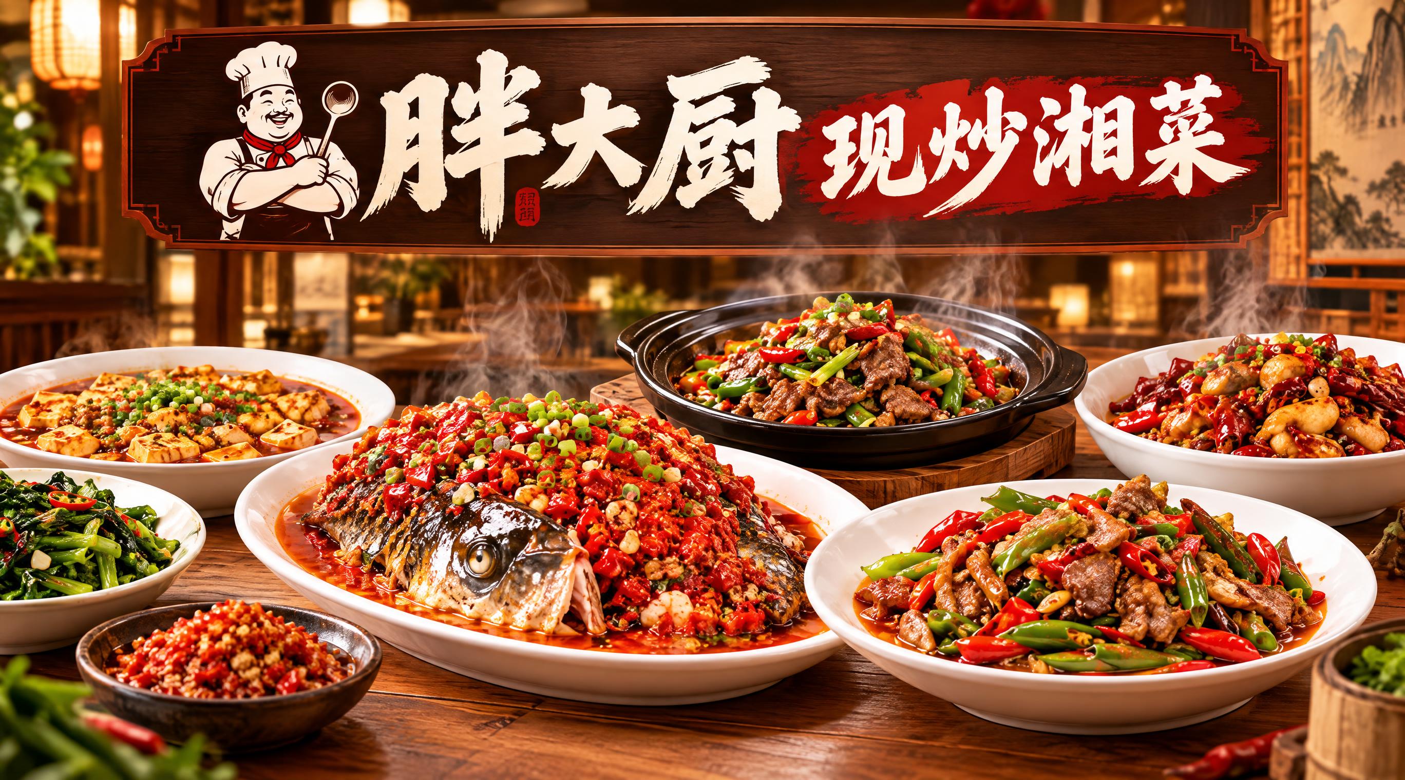 湘菜餐厅店招设计，店名"胖大厨现炒湘菜"，横版构图，画面展示多… - 图片创意预览