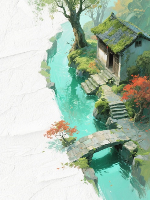丙烯颜料油画，厚涂技法，通过厚薄不同的笔触塑造立体感，居中斜构图呈现一抹青绿色调，画面中包含青苔古木、萧萧秋水、红叶山斋、青石阶村屋、溪桥等元素，极简俯视图视角，大面积留白，背景为带有白色纹理的纸质质预览效果