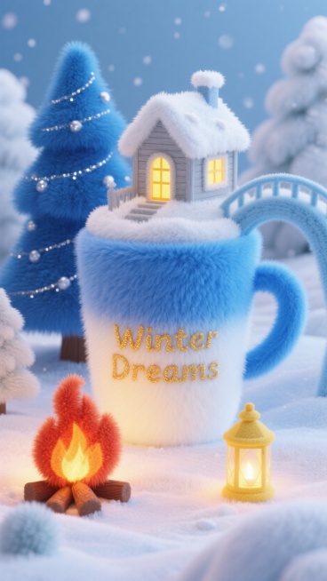 一个蓝色白色渐变的咖啡杯放在画面中央，杯身上写着“Winter Dreams”，整个杯子上中有一个微型冬季童话小镇（小镇中有积雪覆盖的小木屋、蓝色圣诞树、拱桥、篝火、发光的灯笼、一只可爱的红色小猫）背预览效果