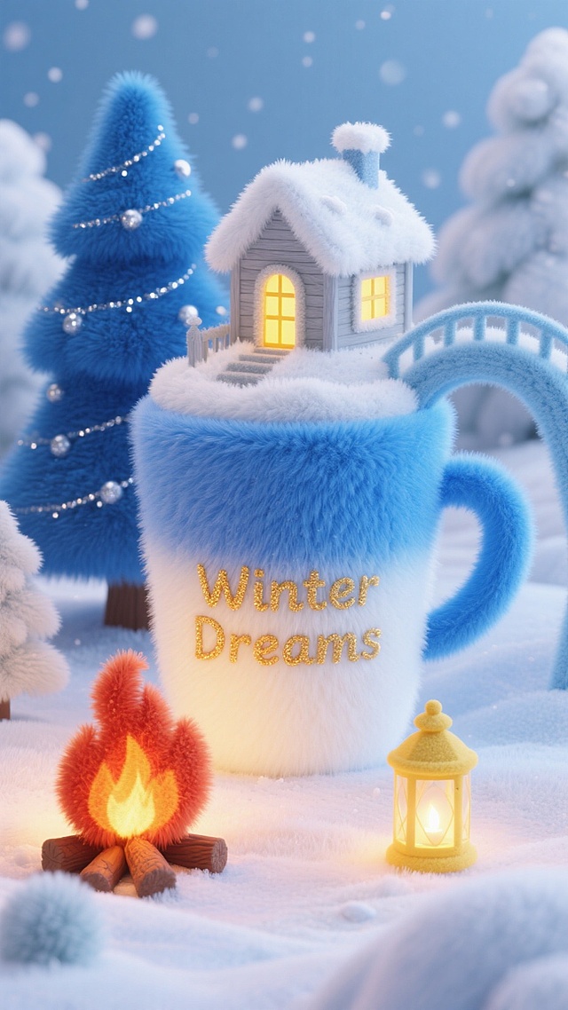一个蓝色白色渐变的咖啡杯放在画面中央，杯身上写着“Winter Dreams”，整个杯子上中有一个微型冬季童话小镇（小镇中有积雪覆盖的小木屋、蓝色圣诞树、拱桥、篝火、发光的灯笼、一只可爱的红色小猫）背景是深蓝色夜空和闪烁的星星