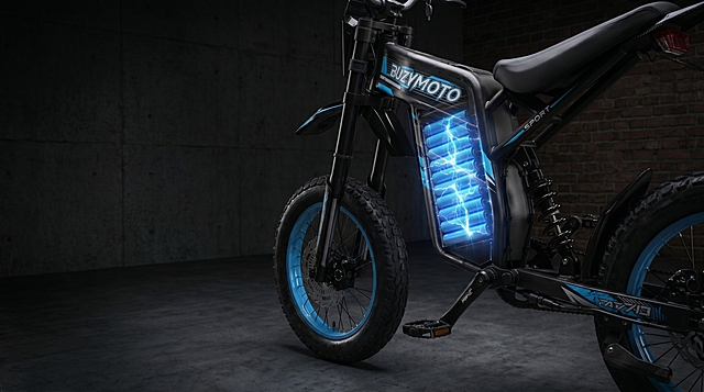 photorealistic 3D product render, side view close-up of an electric bike lithium battery pack, transparent cutaway view showing rows of glowing blue 18650 battery cells with electric spark effects, mounted on an all-black fat-tire e-bike frame, replace the orange frame parts with black, keep other content unchanged, dark studio background, dramatic high-contrast lighting, sharp focus on the battery details, vibrant blue light effects, wide aspect ratio, empty space on the left for text overlay, commercial advertisement style