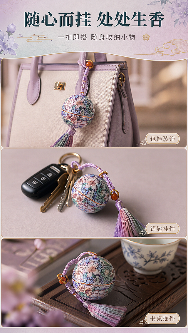 [商品] 使用【图1】骨子里国风万花款珐琅彩陶瓷分装罐挂件；保留球形瓷罐、珐琅彩万花图案、描金腰线、紫粉编绳木珠、渐变流苏全部结构与颜色；商品处理：保持产品原貌，增强陶瓷与珐琅彩质感，流苏自然垂顺。
[画面] 页面目标：场景种草，展示多场景随心而挂的使用方式；三格竖排拼图版式，从上至下分别为：①挂在通勤包包外侧 ②挂在钥匙串上 ③摆在中式书桌茶盘旁；每格场景独立但色调统一，产品在每格中清晰可见，占单格画面40%-50%；阅读动线自上而下，每格右下角配小字场景标签。
[视觉] 套系策略：风格=新中式雅致商业摄影；标题字=宋体衬线粗体；正文字=纤细无衬线体；主色=粉紫青渐变；背景延展=基于粉紫青做深浅层级、同色渐变和宣纸/丝绸质感；强调色=描金暖金色，仅用于小面积图标、引线、标签和装饰线条；标题色=深墨青；正文色=中暖灰；组件=圆角金线信息卡、细金线引线、云纹装饰元素；光影=左前侧暖柔光，每格场景光线统一柔和。
[文字] 画面顶部通栏主标题「随心而挂 处处生香」，副标题「一扣即搭 随身收纳小物」；三格场景分别标注：包挂装饰 / 钥匙挂件 / 书桌摆件；文字全部横向排版，位于顶部通栏与每格右下角，不遮挡产品主体。
[规格] 图片比例9:16竖版，4K分辨率，负向提示：避免变形、错字、文字过小、冷蓝灰背景、产品颜色改变、结构失真、二维码、水印、绝对化用语。