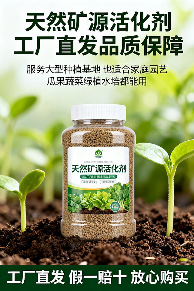 [详情图7] 结尾信任背书促进转化
画面内容：产品居中放大展示，底部搭配松软肥沃土壤和嫩绿幼苗背景，虚化处理。
风格：自然收尾，信任感强，商业摄影质感，清新自然
文字版式：顶部大标题 天然矿源活化剂 工厂直发品质保障 加粗深绿色；中段标注 服务大型种植基地 也适合家庭园艺 瓜果蔬菜绿植水培都能用；底部标注 工厂直发 假一赔十 放心购买；文字排版疏密得当，不遮挡产品主体，清晰易读。
尺寸：比例2:3，2k分辨率，超高清，文字锐利
负向提示词：变形，水印，文字错乱，产品模糊，背景杂乱