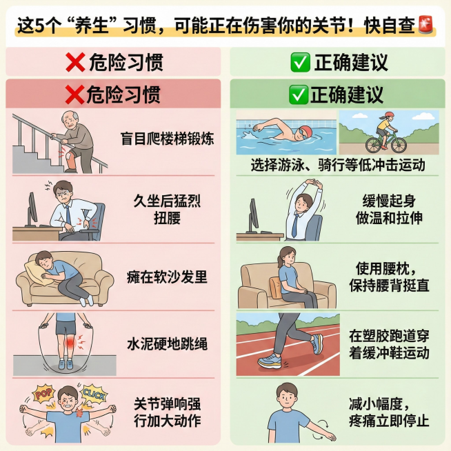 这5个“养生”习惯，可能正在伤害你的关节！快自查🚨❌ 危险习惯 ✅ 正确建议 1. 膝盖疼时坚持爬山/爬楼 → 选择游泳、骑行等低冲击运动 2. 久坐后突然猛扭腰 → 先缓慢起身，温和拉伸 3.喜欢预览效果