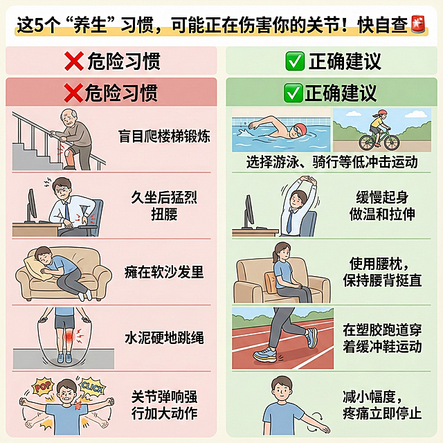 这5个“养生”习惯，可能正在伤害你的关节！快自查🚨❌ 危险习惯 ✅ 正确建议 1. 膝盖疼时坚持爬山/爬楼 → 选择游泳、骑行等低冲击运动 2. 久坐后突然猛扭腰 → 先缓慢起身，温和拉伸 3.喜欢瘫在软沙发里 → 腰后垫靠枕，坐直坐满 4.在硬地上跳绳跑步 → 选塑胶跑道，穿缓冲鞋 5.关节响还强行加大幅度 → 立即减小幅度或停止 健康科普对比用一张图文表达