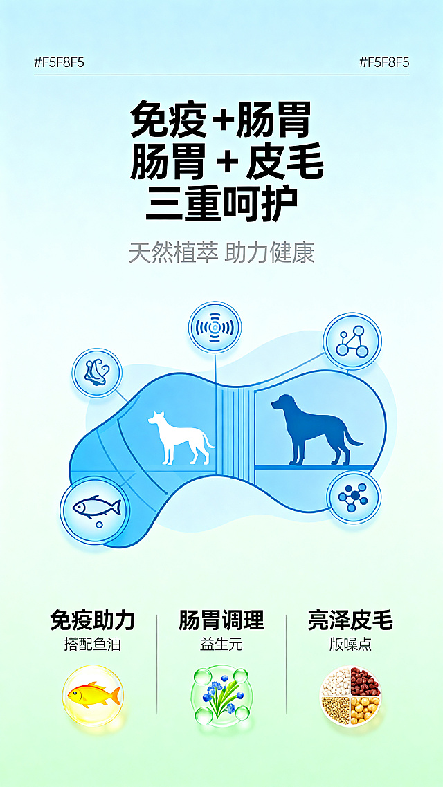[第9屏] 本屏功能定义：麦富迪宠物食品营养功效说明屏。
[氛围/风格] 干净通透简约商务风，淡蓝色渐变背景，整体干净专业，信息清晰。
[元素布局] 画面中心为蓝色调肠胃养护示意图，搭配宠物剪影和营养成分图标。下方分三栏均匀排列，分别标注免疫助力、肠胃调理、亮泽皮毛三个功效，每个功效搭配对应成分图标（鱼油、益生元等）。背景为淡蓝色渐变，整体干净通透，无多余元素干扰。
[光影质感] 均匀柔和主光，示意图线条清晰，图标色彩明亮，背景渐变过渡自然，无噪点，整体干净通透。
[配色色系] 全局底色：#F5F8F5（低饱和浅绿）；背景淡蓝色渐变，示意图蓝色调，图标多色搭配；文字采用黑色主文案+浅灰色副文案，保持统一。
[视角构图] 正面平视中心构图，示意图居中，下方三栏均匀分布，整体平衡稳定，信息清晰。
[文字版式] 主文案"免疫 + 肠胃 + 皮毛 三重呵护"居中放大，粗黑字体，黑色纯色填充，位于画面顶部中心位置，字号约占画面宽度8%；副文案"天然植萃 助力健康"在主文案正下方，纤细浅灰色字体，字号约为主文案30%。字形采用圆角黑体标题字+同家族无衬线正文，全套仅使用黑色和灰色两种字色，全部采用纯色填充字效。
[比例分辨率] 9:16竖版比例，4K分辨率，文字清晰可辨，超高清。
[负向提示词] 示意图变形，图标模糊，文字错乱，颜色偏差，背景渐变不均，水印，噪点，结构错误。