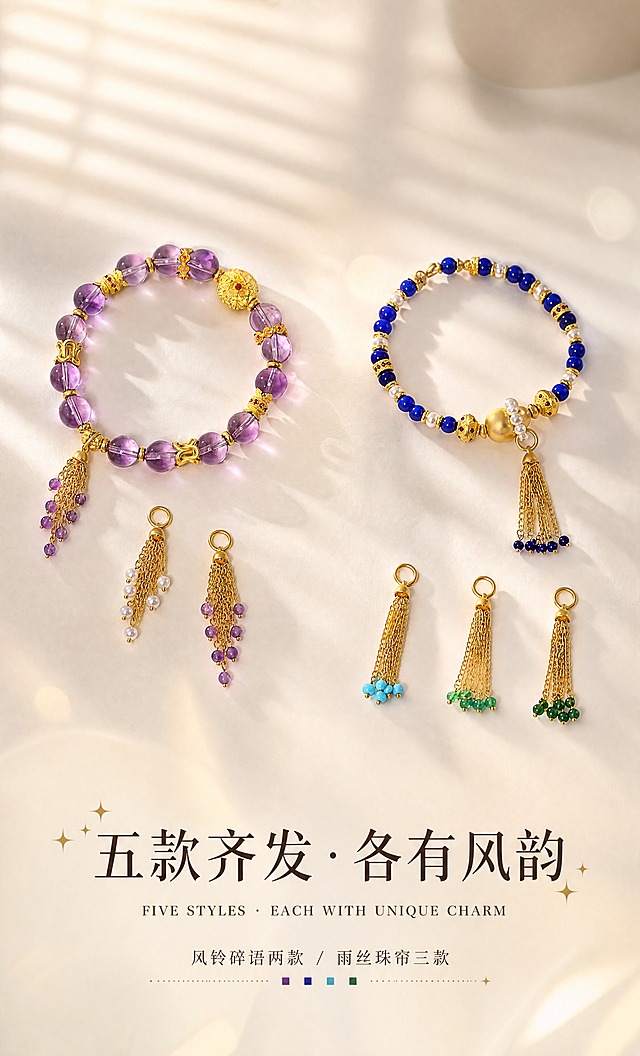 [商品] 使用【图4】紫水晶手串+珍珠流苏+紫水晶款平铺 + 【图10】青金石手串+三款绿系流苏平铺，左右双组合集；保留所有产品的完整结构、颜色、古法金质感；产品100%还原原始造型、尺寸比例，禁止变形改结构。
[画面] 页面目标：多款式合集展示页，五款齐发各有风韵。构图：左右双组结构，产品占75%，底部文案区占25%。主体位置：左侧风铃碎语组合（紫水晶手串+珍珠款+紫水晶款），右侧雨丝珠帘组合（青金石手串+绿玛瑙+深绿+绿松石），两组之间用柔和光影过渡。主体占比：约75%。阅读动线：从左到右看两组对比，再读底部标题。前中后景：前景手串与流苏清晰，后景米杏色背景+统一百叶窗光影。
[视觉] 套系策略：风格=东方雅致高级珠宝摄影风，温润米杏暖调；标题字=设计感宋体（笔画粗细对比+星光装饰）；正文字=细宋体；主色=米杏暖灰#F2EEE8；背景延展=统一百叶窗光影方向+柔焦光斑，左侧偏紫调暖光，右侧偏蓝绿调暖光，中间自然过渡；强调色=古法金暖金色#C9A456，仅用于星点装饰、引线；标题色=深棕#3A2F24；正文色=中棕#6B5A48；组件=星点星光、点状虚线、彩色小方块、全大写衬线英文；光影=整体统一暖调，两组各有色调倾向，古法金哑光质感清晰，宝石颜色饱和通透。
[文字] 底部居中：主标题"五款齐发 · 各有风韵"（大号宋体，加星点装饰）+ 英文"FIVE STYLES · EACH WITH UNIQUE CHARM"（小号全大写衬线体）+ 下方两行小字："风铃碎语两款 / 雨丝珠帘三款"。文字不遮挡产品主体。
[规格] 宽850px，高1400px竖版，4K，负向提示：避免产品过小、四周大面积空白、平淡纯色背景、左右光影不统一、金属发白。