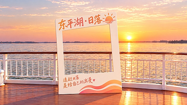 将图1中的打卡牌文字改为看日落主题：顶部主文字改为"东平湖·日落"，底部辅助文字改为"追赶日落 是给自己的浪漫"，太阳图标改为日落样式，配色调整为暖橘粉日落色调，保持原有拍立得造型和PVC材质，背景游船甲板栏杆和湖面日落场景保持不变，整体氛围温暖治愈，高清2K
