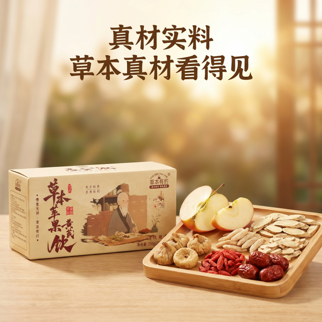 [主图 2] 草本苹果黄芪水核心原料展示主图。
[氛围/风格] 抖音推荐风，自然健康养生氛围，自然暖阳逆光，商业摄影质感、光线柔和通透、产品清晰真实、画面干净高级。
[元素/光影] 左侧摆放草本苹果黄预览效果