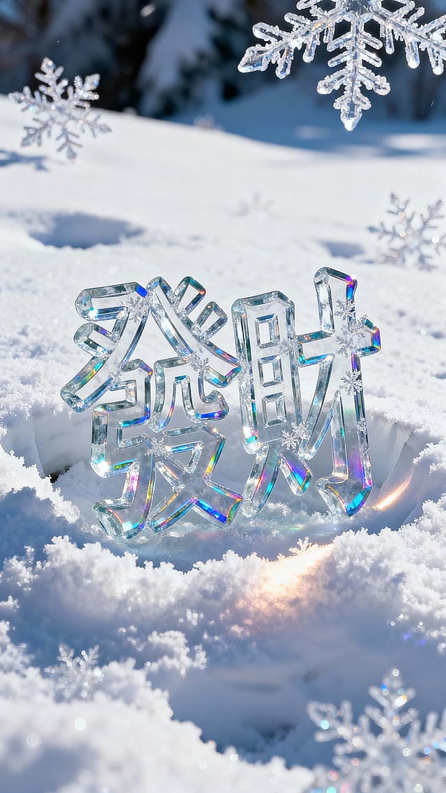 背景是皑皑白雪个别特写的雪花：前景是晶莹剔透“发财”蓬松雪花繁体字，冰雕雪花纹理描边，多层冰块玻璃质感叠加有一定厚度，重重的扎在松软白茫茫的雪地里，文字四周有深深的凹痕，有道光线照射在边缘上，文字折射出彩色光泽。画面清透明亮极致高清