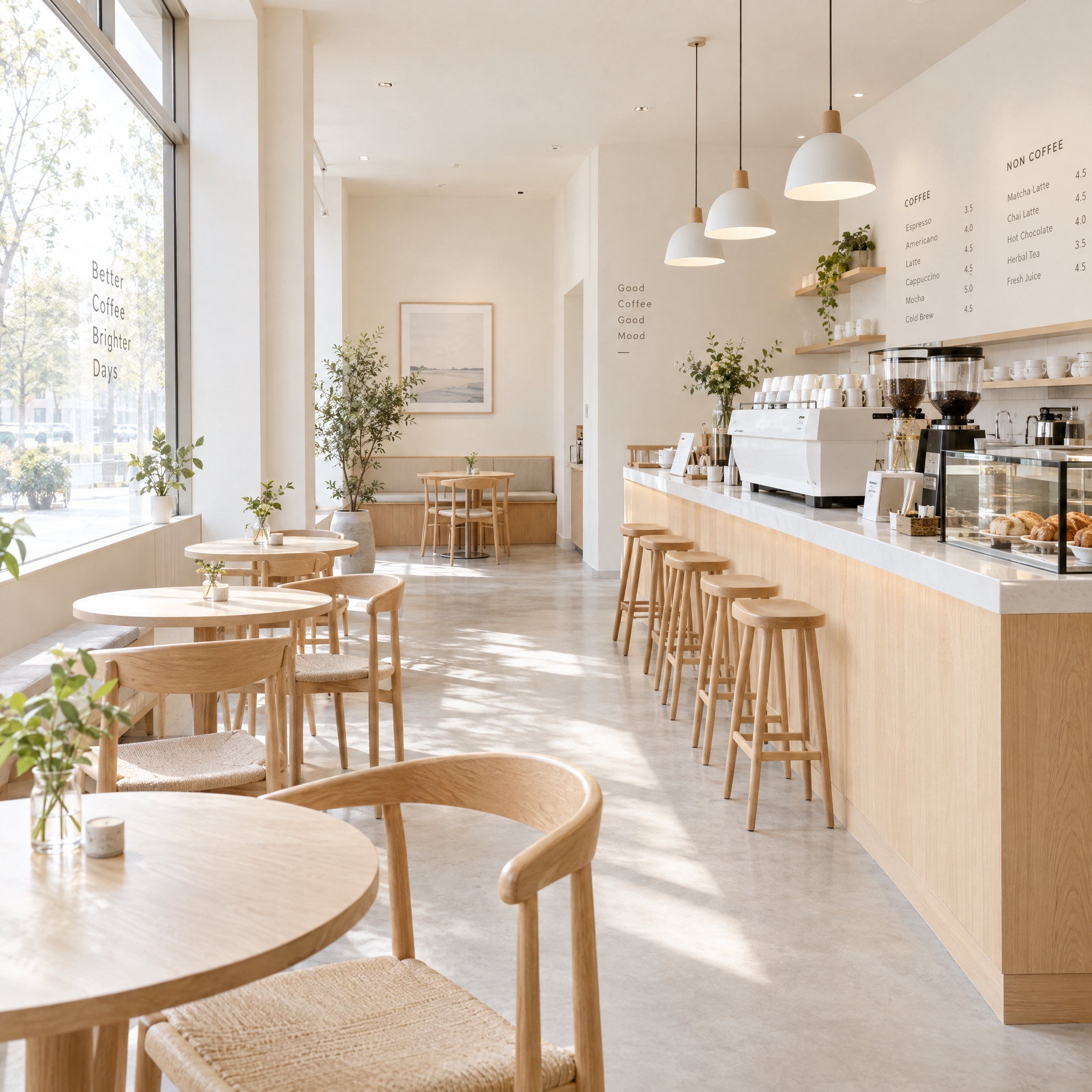 北欧极简风格咖啡店室内场景，干净明亮的空间，白色墙面搭配浅木色… - 图片创意预览