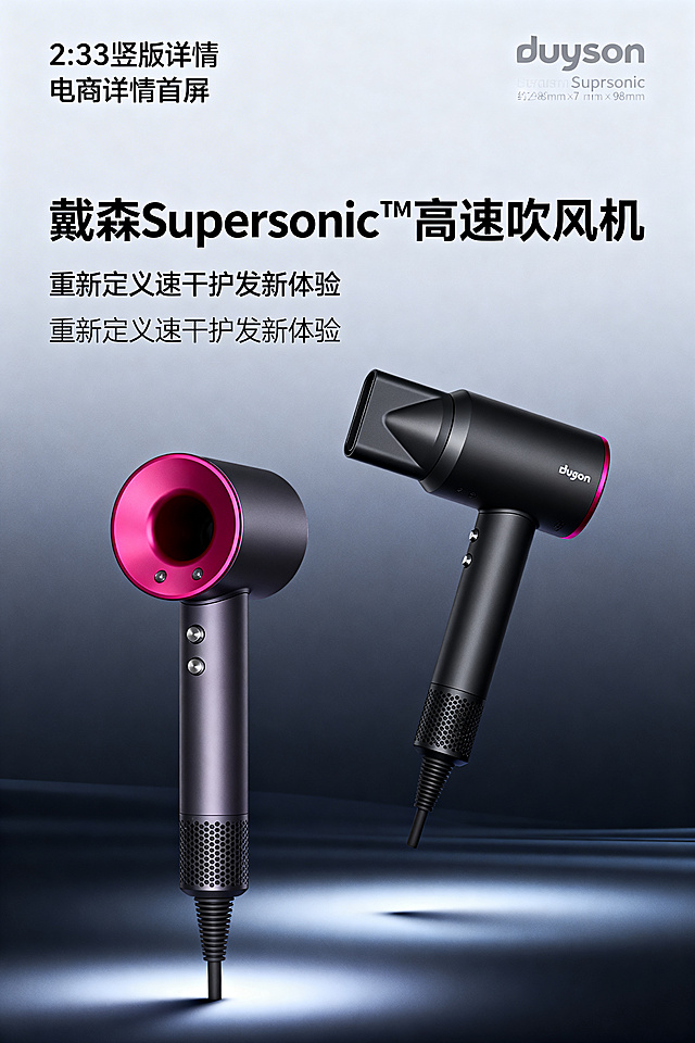 2:3竖版电商详情首屏海报，严格还原戴森Supersonic™吹风机产品，包括颜色、造型、细节、LOGO位置等所有细节，产品尺寸比例保持1:1（约288mm×77mm×98mm）。主视觉为戴森吹风机多角度悬浮展示，左侧玫红色环形出风口款、右侧黑色机身款同框呈现，背景为极简高级的渐变深空灰，搭配柔和的科技感光影，突出产品流线型工业设计。主标题用超大号无衬线黑体居中："戴森 Supersonic™ 高速吹风机"，副标题用细体无衬线字："重新定义速干护发新体验"。排版采用杂志级精致版式，产品居中视觉焦点，文字分层次分布，整体风格极简科技、高级感拉满，30秒抓住用户眼球，高清8K，商业摄影级质感，统一中文无衬线字体格式，无割裂感，禁止模糊、禁止杂乱、禁止多余元素、禁止字体不统一、禁止产品变形、禁止颜色失真、禁止低分辨率、禁止割裂感、禁止多余装饰、禁止非科技风元素