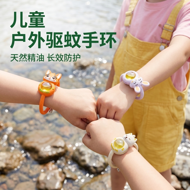 [主图 1] 儿童户外驱蚊手环场景首图。
[氛围风格] 温馨户外风，清新明快充满活力，真实商业广告摄影氛围。
[画质] 8K超高清，真实照片级质感，细节清晰饱满，无AI瑕疵，画面干净高级。
[元素]预览效果