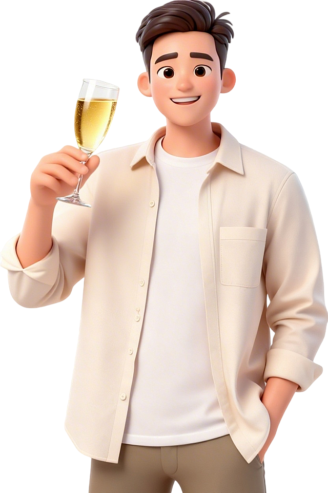 软3D风卡通人物，轻拟物设计，手持香槟杯，清新时尚，充满节日欢庆感。