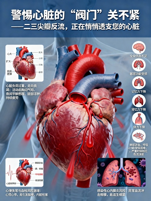 标题： 警惕心脏的“阀门”关不紧——二三尖瓣反流，正在悄悄透支您的心脏   内容： 1. 心脏负荷过重，走向衰竭 心脏“过劳肥”与“变脆弱”：血液倒流迫使心脏加倍做工，长期导致心室扩大、心肌肥厚，最终预览效果