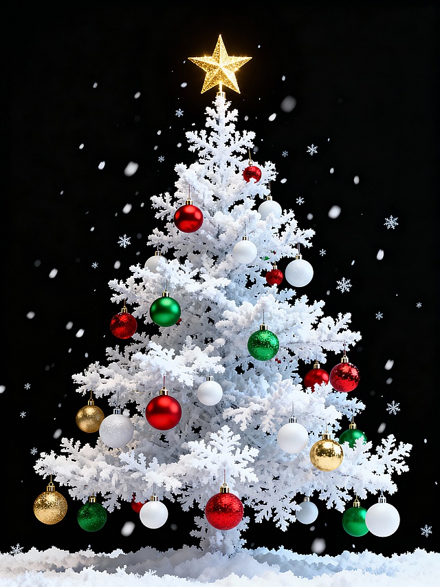 以白色圣诞树为基底，打破传统深绿配色，搭配红绿金彩球与飘雪元素，用清新简约风重构圣诞氛围，既保留节日温馨又添清冷美感