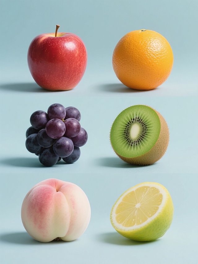 超写实摄影风格，纯色背景，6个不同水果元素系列素材集合规整排布，每个水果保持圆润饱满形态与细腻表皮纹理，主色调分别为鲜红苹果、橙黄橙子、翠绿猕猴桃、紫黑葡萄、粉白桃子、青黄柠檬，统一采用柔和顶光照明，清晰的高光和自然阴影增强立体感，画面简洁干净无文字二维码，整体视觉风格统一，色彩明快鲜亮，构图均衡对称。