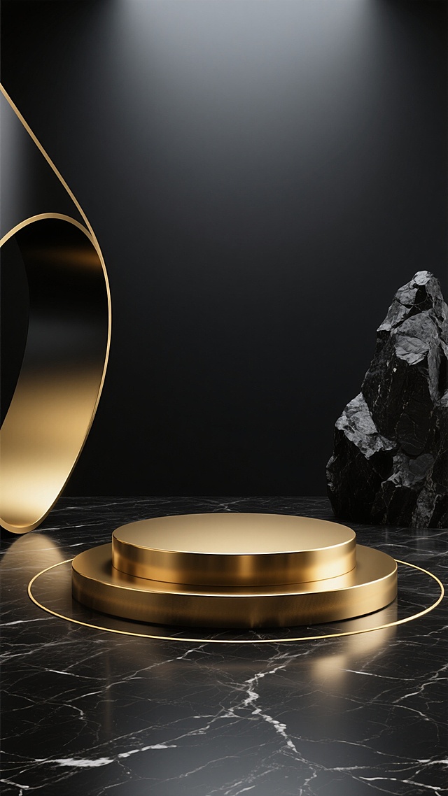 3D渲染风格展台展示场景，画面中央是一个圆形金色展台，展台表面光滑有金属光泽，位于深黑色大理石质感的地台上，地台上有金色线条勾勒出圆形轨道。左侧有黑色与金色渐变的曲面结构，右侧有黑色岩石状装饰物，整体背景为纯黑色，营造出高级、奢华、神秘的氛围，大量留白使视觉焦点集中于中央展台，光影对比强烈，金色元素在黑色背景下形成鲜明高光，呈现出极简而富有科技感的设计美学。
