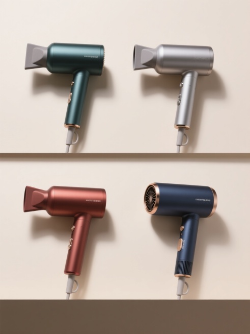 4个不同配色、不同样式、不同材质的吹风机造型，符合现实逻辑，上下两行对齐排列，浅色背景，整体呈现出高质感的产品展示效果，每个吹风机都具有光滑的表面处理和精致的细节设计，光影效果柔和自然，突出产品的现代感和时尚感，整体构图简洁大方，视觉层次分明。预览效果