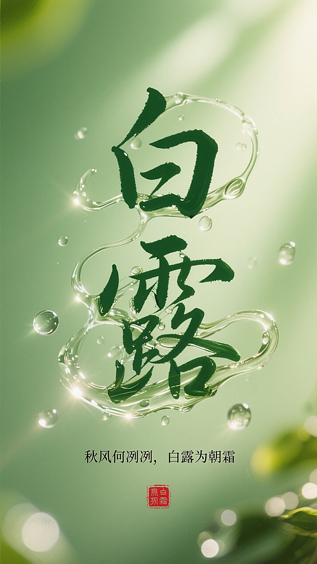 背景阳光透过，绿色背景带光晕，液态水组成的文字“白露” ，创意文字，旁配 “秋风何冽冽，白露为朝霜” 文字及红色印章