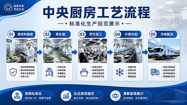 简约商务展板海报，展示中央厨房工艺流程图，整体风格干净专业，信息分区清晰。主标题为"中央厨房工艺流程"，副标题为"标准化生产规范展示"。画面采用横向16:9布局，用清晰有序的流程图呈现原材料验收、预处理、烹饪加工、分装冷却、冷链配送全流程，每个流程节点配有简洁标签和箭头连接，边角放置装饰卖点标签："流程标准化"、"出品高效稳定"、"清晰直观展示"，整体配色为蓝灰工业风，排版精美，所有文字清晰可读，适合作为企业公示展板使用