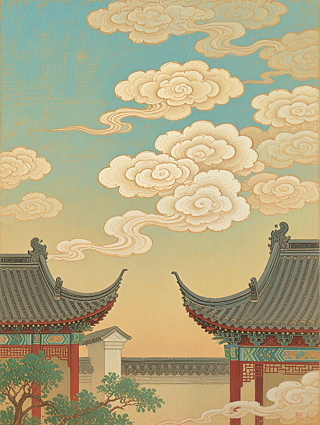 古典建筑与祥云交织，融合传统中式美学与现代科技纹理，呈现东方意境的赛博朋克风视觉盛宴。