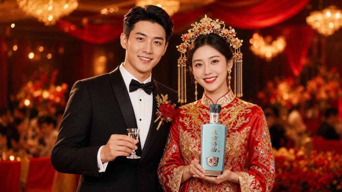 新中式高端婚宴白酒品牌宣传海报，新郎新娘一起看向正前方保持微笑，新郎身着定制黑色塔士多礼服，搭配挺括白衬衫与黑色领结，左胸佩戴点缀金叶的红色胸花，手持透明玻璃小酒杯。新娘身着正红苏绣盘金秀禾服，搭配金预览效果